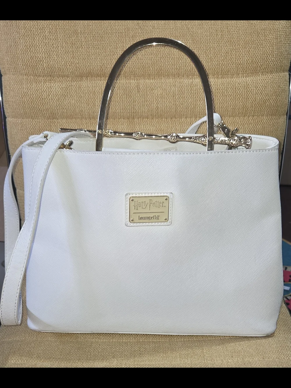 Loungefly White Satchel with Gold Wand-Style Hardware